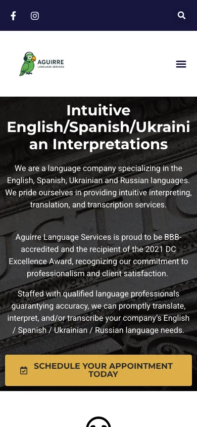 Aguirre Language Services homepage on mobile