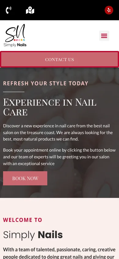 Simply Nails Salon homepage on mobile